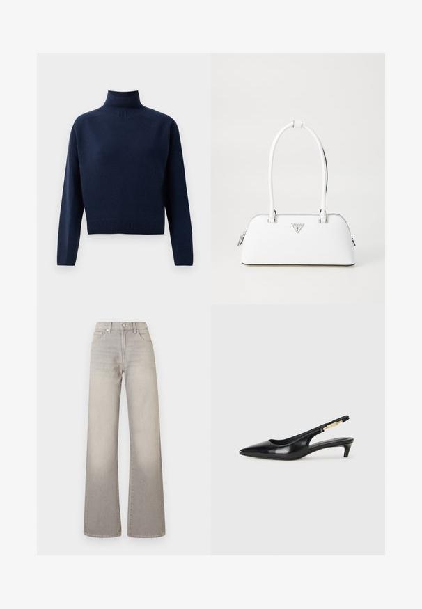 Sweater de gola alta, de manga longa, azul-marinho, com punhos, barra e pescoço canelados, exibido sobre um fundo branco simples.; Jeans largos cinzentos com um acabamento desbotado, fecho de botão, design de cinco bolsos e detalhes costurados ao longo das costuras.; Saltos slingback em couro preto com bico fino, apresentando um salto esguio e um detalhe em tom dourado na alça ajustável. Textura suave.; Bolsa de pele branca com um formato curvado, apresentando um logótipo triangular em prata e fecho de correr. Textura suave e alças duplas.