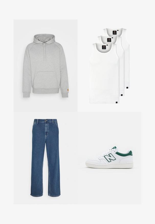 Γκρι φούτερ με κουκούλα, διαθέτει τσέπη καγκουρό, ριμπ μανίκια και στρίφωμα, με λογότυπο στην αριστερή μανσέτα. Μαλακή υφή υφάσματος.; Τρία λευκά ριμπ μπλουζάκια από βαμβάκι. Διαθέτουν στρογγυλή λαιμόκοψη και μικρές μαύρες ετικέτες κοντά στο στρίφωμα. Διαθέσιμα σε πολλές μεγεθύνσεις.; Μπλε τζιν παντελόνι με ίσια γραμμή, σχέδιο πέντε τσεπών, κλείσιμο με μεταλλικό κουμπί και εμφανή ραφή κατά μήκος των ραφών και του περιθωρίου.; Λευκό sneakers με πράσινες λεπτομέρειες, δερμάτινη επένδυση, τρύπες στη μύτη, κούμπωμα με κορδόνια και υφασμένο καουτσούκ στη σόλα. Έχει το χαρακτηριστικό λογότυπο "Ν".