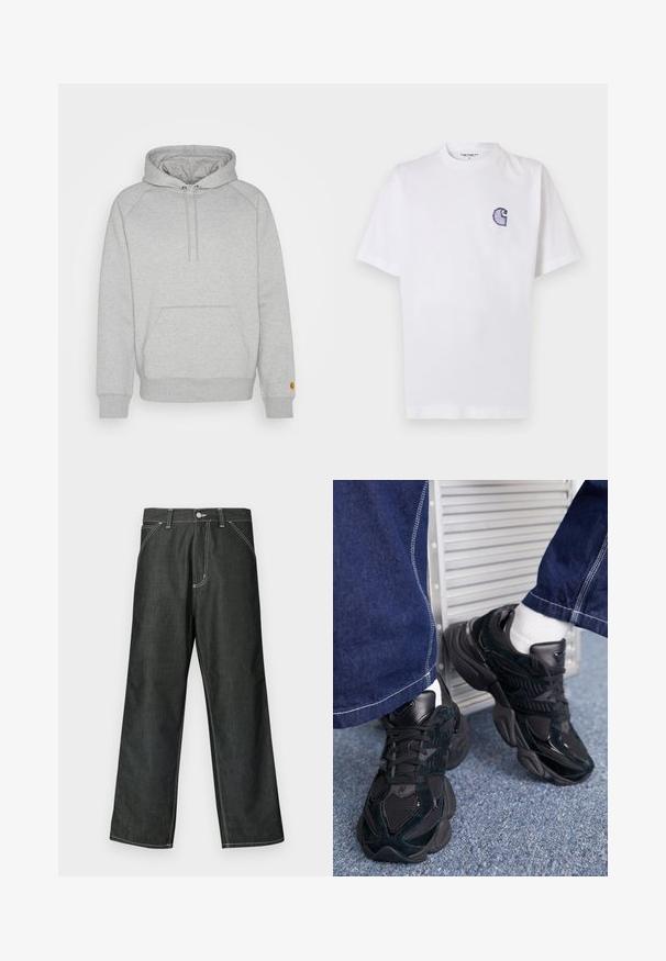 Gray hooded sweatshirt with a kangaroo pocket, ribbed cuffs, and hem, featuring a logo patch on the left sleeve. Soft fabric texture.; White cotton t-shirt with short sleeves, round neckline, and a small, embroidered blue "C" logo on the left chest area.; Dark denim wide-leg pants with white stitching, standard five-pocket design, metal button closure, and straight hems.; Black sneakers featuring a combination of textured and smooth materials, prominent lacing, and a chunky sole, paired with dark denim pants.