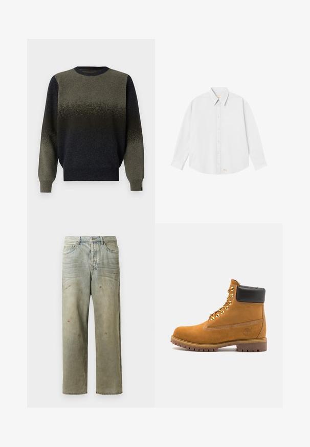 Megztinis su gradientiniu dizainu, pereinančiu nuo tamsiai žalios iki juodos spalvos. Reljefinis apykaklė ir rankogaliai, minkšta struktūra.; Balta marškinėliai su apykakle, ilgomis rankovėmis ir suapvalintu apačiu; priekinėje dalyje apatiniame kairiajame kampe pažymėtas mažas oranžinis logotipas.; Šviesiai žaliai nuvarytos džinsinės kelnes, su tiesiomis kojomis, penkių kišenių dizainu, nelygiai blukščiantis ir su dažų lašeliais.; Tan spalvą turintys suknelės batus iki kulkšnies su juodu paminkštintu apvadu, auksiniais metaliniais akių užsegimais, baltais siūlų dekoratyviniais elementais ir tvirtu guminiu padu su ryškiai išreikštais raštais.