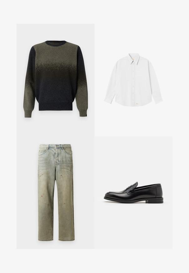 Strickpullover mit einem Farbverlaufdesign, das von Dunkelgrün zu Schwarz übergeht. Gerippter Halsausschnitt und Bündchen, weich im Griff.; Weißes Hemd mit klassischem Kragen, langen Ärmeln und abgerundetem Saum; verfügt über ein kleines oranges Logo auf der linken Unterseite.; Distressed Denim-Jeans in Hellgrün, mit geradem Bein, Fünf-Taschen-Design und ungleichmäßiger Ausbleichung sowie Farbspritzern.; Schwarze Lederloafers mit glatter Textur, rundem Zehenbereich und einem dekorativen Riemen über dem Vorderfuß. Niedriger, gestapelter Absatz, minimalistisches Design.