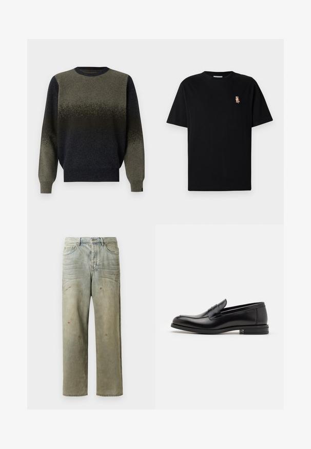 Sweter dzianinowy z gradientowym wzorem, przechodzącym od ciemnozielonego do czarnego. Żebrowany dekolt i mankiety, miękka tekstura.; Czarny, krótki rękaw, koszulka z okrągłym dekoltem z małym, haftowanym pomarańczowym logo lisa po lewej stronie klatki piersiowej.; Zniszczone dżinsy w jasnym zielonym kolorze, z prostymi nogawkami, pięcioma kieszeniami oraz nierównomiernym blaknięciem i plamami farby.; Czarne skórzane mokasyny o gładkiej fakturze, zaokrąglonym nosku i dekoracyjnym pasku na przodzie. Niski, warstwowy obcas, minimalistyczny design.