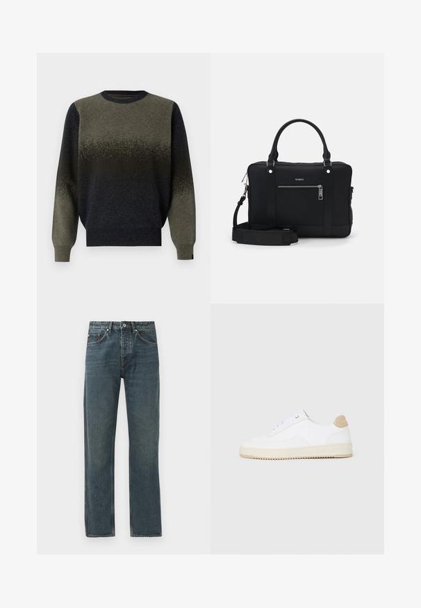 Knitted sweater featuring a gradient design, transitioning from dark green to black. Ribbed neckline and cuffs, soft texture.; Dark blue denim jeans with a straight leg design, featuring five pockets, a button closure, and contrasting stitching details.; White low-top sneakers with a textured leather upper, cream ridged sole, and a tan heel accent. Features white laces and logo detail on heel.; Black synthetic tote bag with two handles, a detachable shoulder strap, front zippered pocket, and silver hardware accents.