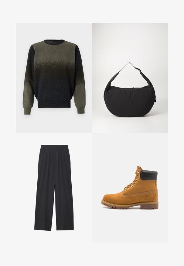 Neulepaita, jossa on gradienttisuunnittelu, joka siirtyy tummasta vihreästä mustaan. Ribbattu kaula-aukko ja hihansuut, pehmeä tekstuuri.; Suorat lahkeet valmistettu tummanharmaasta kankaasta. Ominaisuuksiin kuuluu laskokset vyötäröllä, muotoilu on siisti ja siluetti suora.; Valkoinen nahkainen nilkkuri mustalla pehmustetulla kauluksella, kultaisilla metallisilla rei'illä, valkoisella ompeluksella ja jykevällä kumipohjalla, jossa on selvästi näkyvät urat.; Musta kangaskassi, joka on kaarevamuotoinen, yksi olkahihna ja vetoketjukiinnitys. Pehmeä rakenne, minimalistinen muotoilu.