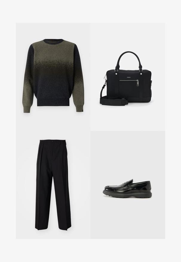 Knitted sweater featuring a gradient design, transitioning from dark green to black. Ribbed neckline and cuffs, soft texture.; Black pleated trousers with a straight, wide-leg design. Made from smooth fabric, featuring a button closure and belt loops.; Black leather loafer with a glossy finish, rounded toe, subtle stitching details, and a thick rubber sole for durability.; Black synthetic tote bag with two handles, a detachable shoulder strap, front zippered pocket, and silver hardware accents.