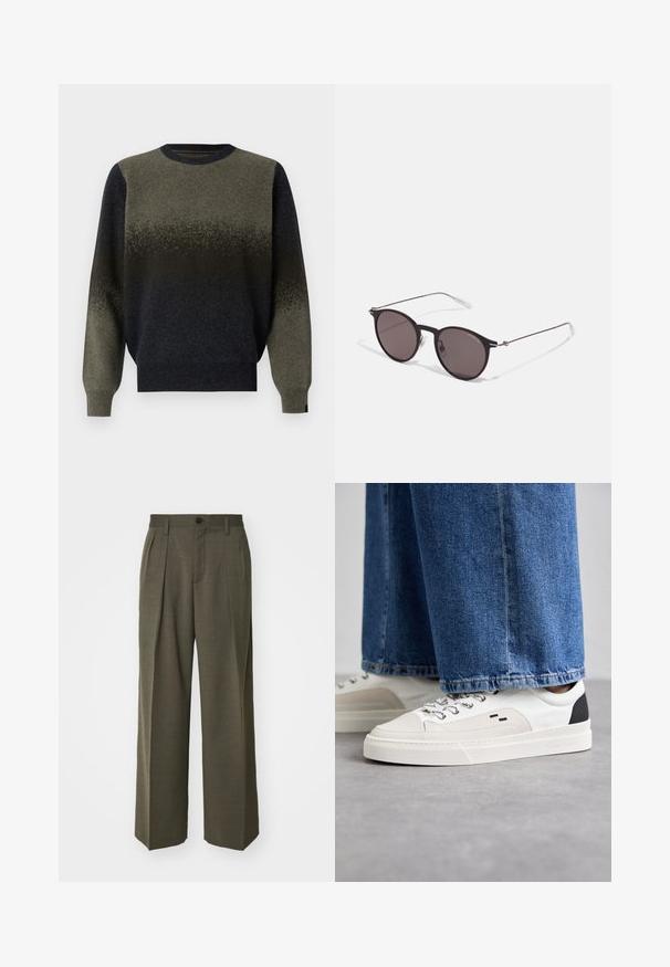 Pull en tricot avec un design dégradé, passant du vert foncé au noir. Encolure et manches côtelées, texture douce.; Filippa K WIDE TROUSERS - Pantalon classique - driftwood; Baskets blanches et noires avec une tige en cuir lisse, des accents texturés et une semelle épaisse blanche. Présentent un design classique à lacets.; Lunettes de soleil noires rondes avec verres sombres et branches en métal fines. Comprend des embouts transparents et des accents argentés au niveau de la charnière. Design minimaliste.