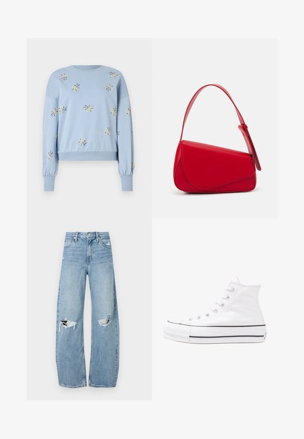 ONLY ONLBROOKE O NECK - Sweatshirt - soft chambray; Light blue, high-waisted jeans made of denim. Feature wide legs, two torn knee areas, and classic five-pocket styling.; White high-top canvas sneaker with black rubber sole, front rubber toe cap, and six eyelets for laces, featuring a clean, minimalist design.; Red leather handbag with an angular, geometric design. Features a single adjustable strap and a flap closure with stitched detailing.
