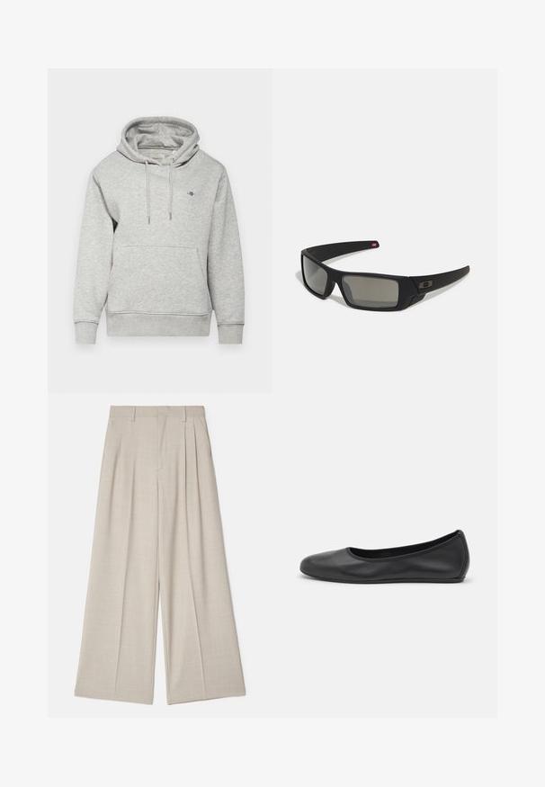 GANT SHIELD HOODIE - Hættetrøje - light grey melange; Hvid kortærmet t-shirt lavet af ribbet stof. Rund halsudskæring, almindelig pasform og subtile syninger. Ingen mønstre eller grafik.; Beige viddebenede bukser med en glat tekstur, der har frontfold, en flad talje og et skræddersyet design for en løs pasform.; Sort læderballetsko med rund tå, glat tekstur, minimal syning og et fleksibelt såldesign.; Sorte solbriller med mat finish, rektangulære linser, let kurve ved templerne, diskret logo detaljer og røgfarvede linser.