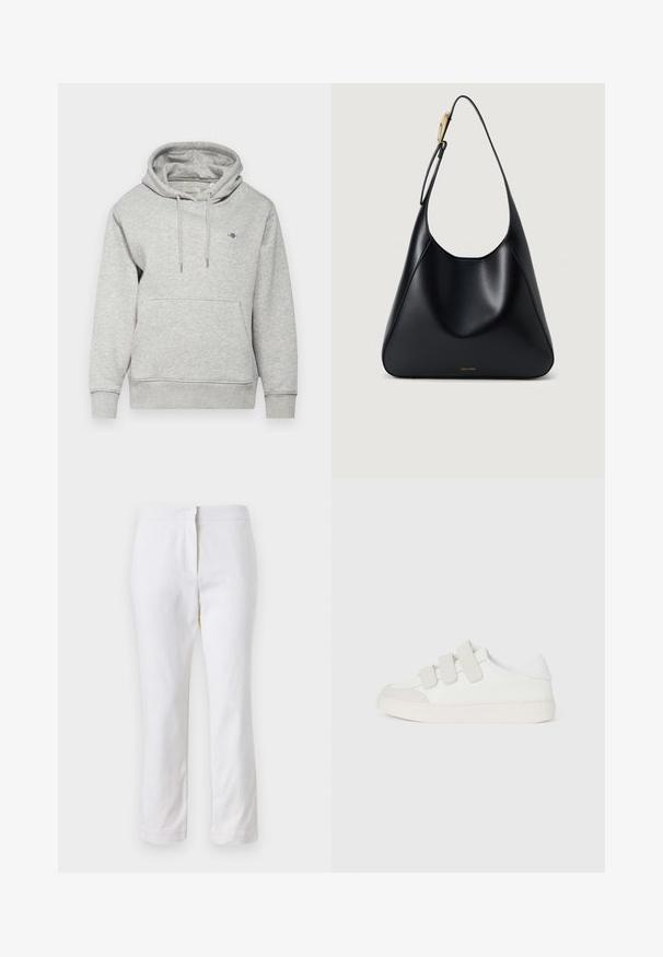 GANT SHIELD HOODIE - Huppari - light grey melange; Valkoiset puuvillahousut suoralla lahkeella, joissa on keskikorkea vyötärö ja ei näkyviä varusteita tai kuvioita. Ehjä pinta kauttaaltaan.; Valkoinen lenkkari, jossa on sileä nahkapinta, kolme tarranauhaa varpaankärjessä, pyöreä kärki ja paksu vaalean värinen kumipohja.; Mustavälinen olkalaukku, jossa on sileä pinta, kaareva siluetti ja kultaiset yksityiskohdat. Laukussa on painettu tuotemerkin logo pohjassa.
