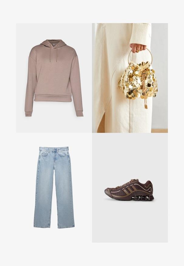 Felpa con cappuccio in tessuto marrone chiaro, caratterizzata da una vestibilità ampia, chiusura con coulisse, polsini a coste e un logo stampato vicino all'orlo.; Top nero a maniche lunghe realizzato in tessuto morbido, con un design drappeggiato e un frontale incrociato, oltre a un collo a barca. Texture liscia, lunghezza cropped.; Jeans in denim blu chiaro con design a gamba larga, dotati di chiusura a bottoni e zip, cinque tasche e dettagli di cucitura minimi.; Scarpa sportiva marrone con parte superiore in mesh e materiale sintetico, caratterizzata da tre strisce, cuciture dettagliate, suola imbottita e tipico tallone elastico.; Borsa a tracolla con coulisse in paillettes dorate e manico circolare, caratterizzata da paillettes rotonde lucide e un tessuto testurizzato. Le dimensioni non sono fornite.