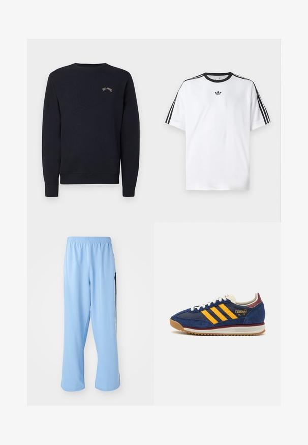 Felpa blu navy con collo a giro, polsini e vita a costine. Presenta un piccolo logo chiaro sul petto. Tessuto morbido.; Maglietta bianca in cotone, con scollatura rotonda nera e tre strisce nere su ciascuna spalla. Piccolo logo nero sul petto.; Pantaloni sportivi azzurri chiari realizzati in tessuto morbido, con vita elasticizzata e strisce laterali nere a contrasto.; Sneaker in suede blu navy con strisce gialle, lacci bianchi e dettagli bordeaux. Suola testurizzata con scanalature per una maggiore aderenza. Logo del brand sul lato.