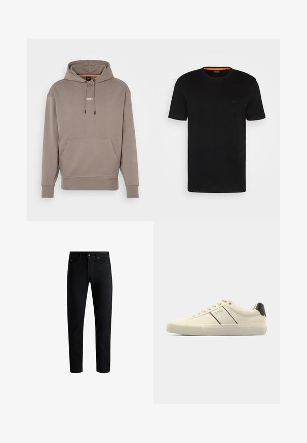 Kupaći dukserica od bež tkanine s kapuljačom, prednjim kengur potkom i rebrastim manžetama. Sadrži bijeli "BOSS" logo na prsima.; Crna kratka majica s kratkim rukavima izrađena od mekog materijala, sa okruglim izrezom i suptilnim logotipom sprijeda. Unutrašnja bočna stranica kragne ima narančasti naglasak.; Crne uske traperice s pet džepova, zatvaranjem na gumb i petljicama za remen, prikazane na bijeloj pozadini.; Kremaste tenisice glatke teksture, s crnim detaljima i logotipom. Klasični dizajn sa vezanjem, okrugli vrh i gumeni potplat.