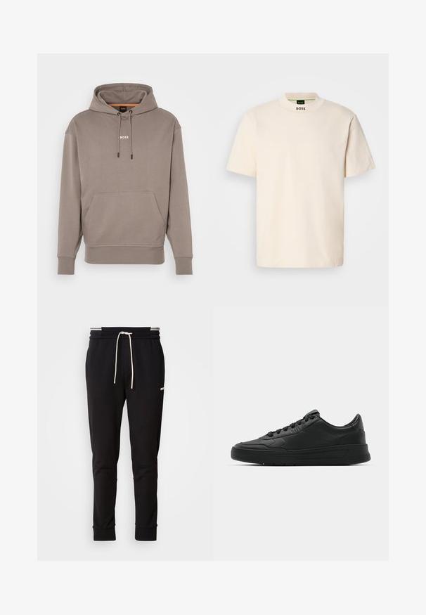 Sudadera de tela beige con capucha, bolsillo canguro frontal y puños de canalé. Presenta un logotipo blanco "BOSS" en el pecho.; T-shirt de manga corta color crema con collar alto, que presenta la palabra "BOSS" impresa en negro en la parte delantera del cuello y en la etiqueta interior.; Pantalones jogger ajustados negros con cordones blancos, puños acanalados y un logo sutil en el muslo superior sobre un fondo liso.; Zapatilla negra con parte superior de cuero liso, puntera redonda, cordones planos, cuello acolchado y diseño minimalista. Suela de goma con un patrón de relieve sutil.