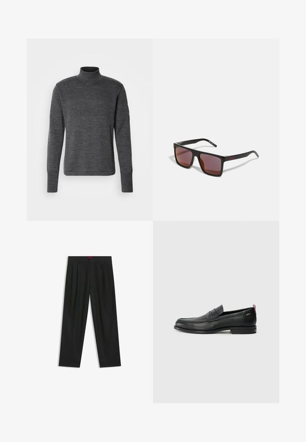 Mads Nørgaard KLEMENS ciemnoszary melanż; Czarne spodnie o plisowanym wzorze, szerokim kroju nogawek i gładkiej fakturze. Posiadają czerwony metek w pasie.; Czarne skórzane mokasyny z teksturowanym frontem i gładkimi bokami. Posiadają smukłą podeszwę i tylną pętelkę dla łatwego zakładania. Klasyczny design.; Czarne prostokątne okulary przeciwsłoneczne z ciemnoczerwonymi soczewkami, o matowym wykończeniu i czerwonym logo na zauszniku. Solidny plastikowy szkielet.