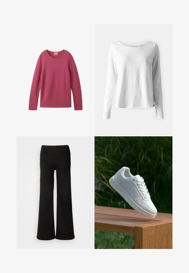 Pulover z dolgimi rokavi v temno rožnati barvi, z okroglo ovratnico in gladkim, teksturiranim zaključkom tkanine.; Dolga rokavica bela majica iz mehkega, lahkega materiala; ima okroglo ovratnico in rahlo sproščen kroj; oznaka vidna na strani.; Črne široke denim hlače, ki imajo sprednje žepe, zapiranje na gumb in gladko teksturo z urejenim zaključkom.; Bela teniska s gladkim sintetičnim zgornjim delom, perforiranim prednjim delom, ravnimi vezalkami in teksturiranim podplatom, prikazana na leseni površini.