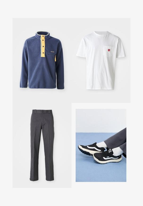 Mornarska fleec jakna z rumenim četrt zadrgo spredaj in s sivimi detajli. Ima žep na prsih z zadrgo in stoječi ovratnik.; Bela bombažna majica s krožnim ovratnikom in kratkimi rokavi. Ima majhen rdeč srčni logotip na levem žepu.; Temno sivi hlače iz bombažnega mešanega blaga, s ravnim krojem, sprednjimi žepi in gumbom za zapiranje v pasu.; Črne tenisice z belimi dodatki, iz mrežastih in gumijastih materialov, z teksturiranim podplatom in petnim trakom. Nosi jih z belimi nogavicami in sivimi hlačami.