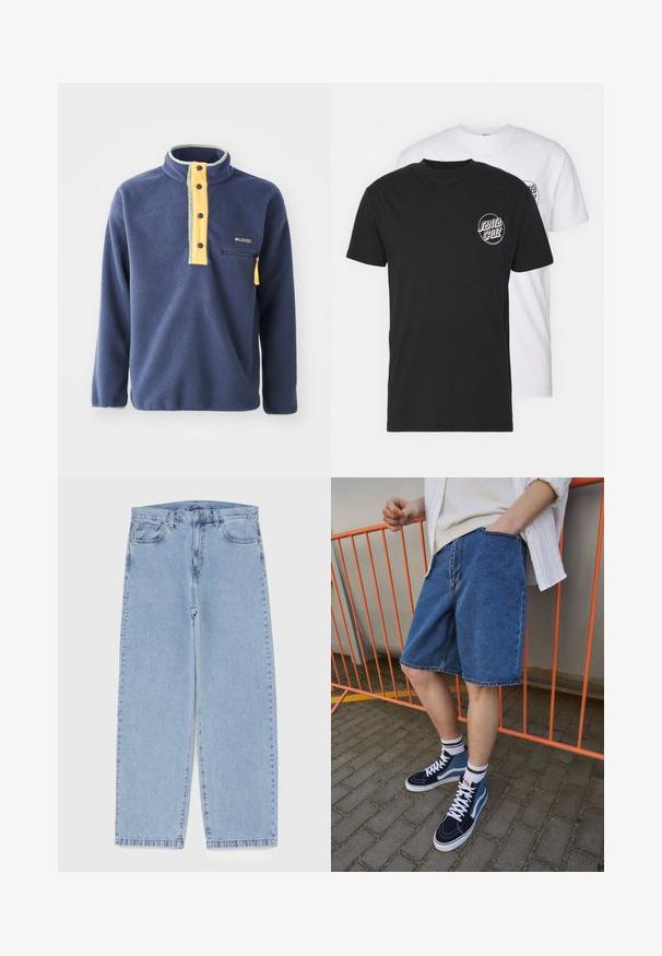 Marineblaue Fleece-Pullover mit gelbem Viertel-Reißverschluss an der Vorderseite und grauen Akzenten. Verfügt über eine Brusttasche mit Reißverschluss und einen Stehkragen.; Zwei-T-Shirts-Pack: eines schwarz, eines weiß. Beide haben kurze Ärmel und ein kreisförmiges Logo auf der Brust in kontrastierender Farbe. Aus Baumwollmaterial.; Hellblaue Jeans aus Denim mit geradem Bein, ausgestattet mit einer mittelhohen Taille, fünf Taschen sowie einem Knopf- und Reißverschluss.; Blaue Jeansshorts, knielang mit einer Vordertasche. Kombination mit navyblauen und blauen High-Top-Sneakern, ausgestattet mit weißen Schnürsenkeln und gestreiften Socken.