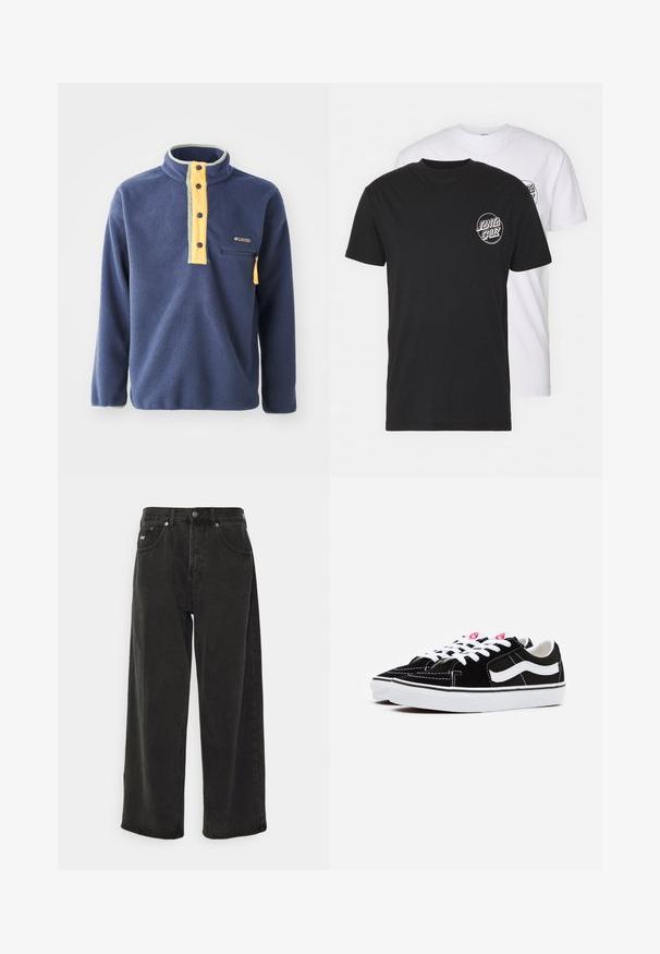 Merinopuseri navy-värissä, keltaisella neljännesvetoketjulla edessä ja harmailla yksityiskohdilla. Sisältää rintataskun vetoketjulla ja pystykauluksen.; Kaksi t-paitaa: yksi musta, yksi valkoinen. Molemmissa on lyhyet hihat ja rinnassa erottuva pyöreä logo vastavärissä. Puuvillamateriaali.; Obey Clothing BIGWIG BAGGY - Baggy-farkut - black; Mustat mokkasneakersit valkoisilla nauhoilla, joissa on silmiinpistävä valkoinen sivusuunta ja musta kumipohja, esittelee kontrastivärisiä ompeluyksityiskohtia.
