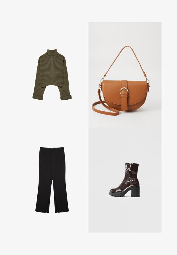 Stradivarius Trui - khaki; Zwarte broek met een rechte pasvorm, voorzien van zijzakken en plooien aan de onderzijde. Gemaakt van zachte, gladde stof. Geschikt voor verschillende gelegenheden.; Glanzende bordeauxrode enkelboot met een chunky zwarte hak, met een gladde textuur en een eenvoudig ontwerp. Geen zichtbare sluitingen of patronen.; Bruine leren schoudertas met een gebogen vorm, gouden hardware en een gespaccent. Bevat een afneembare schouderriem.