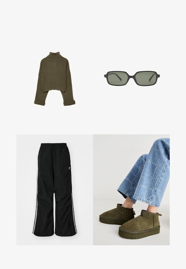 Stradivarius Strickpullover - khaki; Schwarze Windbreaker-Hose mit elastischem Bund, Kordelzug, weißen seitlichen Streifen, lockerer Passform und einem kleinen Logo auf der linken Seite.; Olivgrüne Wildleder-Ankle Boots mit einer dicken, strukturierten Sohle und einem Zugriemen. Kombiniert mit hellblauen, verzierten Jeans.; Schwarze rechteckige Sonnenbrille mit dunkelgrünen Linsen, die ein flaches Design, minimalistische Seiten und einen leichten Rahmen für hohen Tragekomfort aufweist.; Schwarze Lederhandtasche mit geflochtenen Griffen, Reißverschlussfach und hängenden Quasten. Strukturiert Oberfläche mit Metallnieten und Hardware-Akzenten.