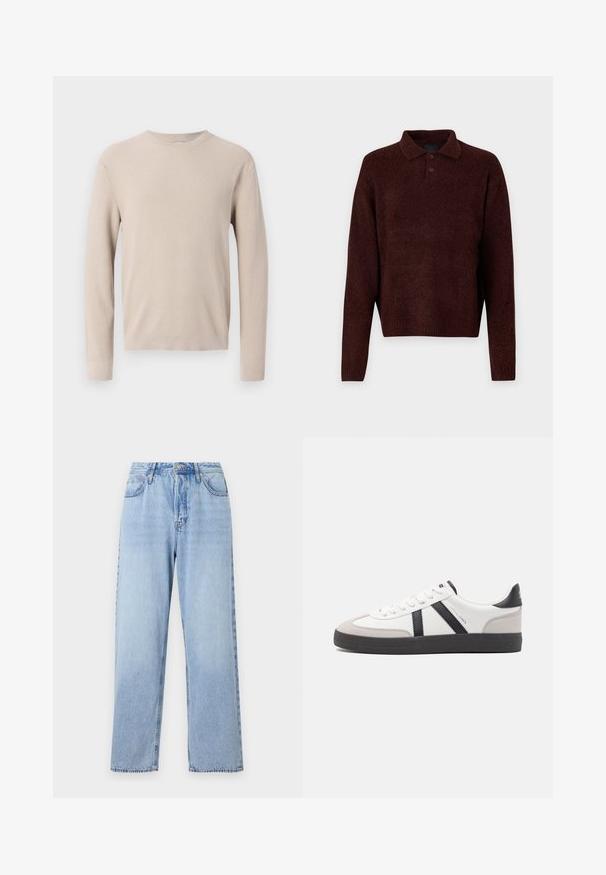 Bežs adīts džemperis ar garām piedurknēm, apaļu kakla izgriezumu un teksturētu ribu rakstu. Materiāls šķiet mīksts un viegls.; Brūns adīts džemperis ar polo apkakli, trīs pogām pie kakla un garām piedurknēm. Mīksta tekstūra, ribota apakšmala un piedurkņu gali.; Gai zilu džinsi ar taisnu piegriezumu, augstu vidukli, piecām kabatām un augšējo pogu aizdari. Iezīmēts ar izbalējušu mazgāšanu un kontrastējošu šuvju. ; Baltas sneakeris ar melniem un pelēkiem akcentiem, kuram ir teksturēts pelēks purngals, melna gumijas zole un plakanas baltas šņores. Tīrs dizains, minimālisma stils.