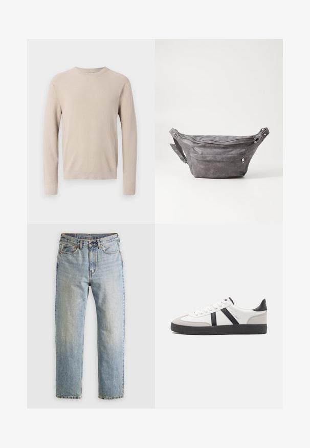 Pull en tricot beige avec des manches longues, un col rond et un motif en ribbed texturé. Le matériau semble doux et léger.; Jean en denim bleu clair à taille haute, avec bouton avant, fermeture éclair et design à cinq poches, posé à plat sur un fond neutre.; Baskets blanches avec des accents noirs et gris, présentant un embout texturé gris, une semelle en caoutchouc noir et des lacets plats blancs. Design épuré, style minimaliste.; Sac banane en suède gris avec une forme arrondie, deux compartiments zippés et une sangle réglable. Comprend des accents en métal.