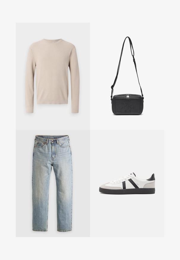Bež pleteni pulover z dolgimi rokavi, okroglim izrezom in teksturiranim rebrastim vzorcem. Material se zdi mehak in lahek.; Svetlo modri džins hlače z visokim pasom, sprednjim gumbom, zadrgo in petimi žepi, laid flat na nevtralni podlagi.; Bela športna obutev z črnimi in sivo akcenti, z teksturirano sivo kapico za prste, črnim gumijastim podplatom in ravnimi belimi vezalkami. Čista zasnova, minimalistični slog.; Črna usnjena torbica čez ramo z zadrgo, embosirano logotipom spredaj in nastavljivim pasom. Gladka površina z pravokotno obliko.