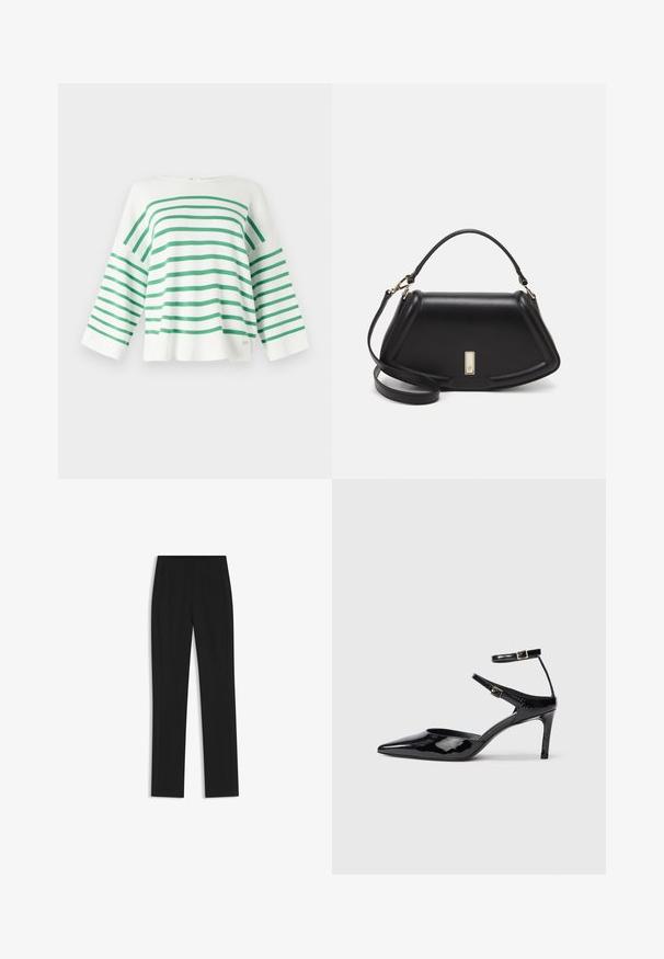 Biały sweter dziany z zielonymi poziomymi paskami, luźny krój, szerokie rękawy i okrągły dekolt. Posiada małe logo na dole.; Czarne spodnie o dopasowanym kroju z prostymi nogawkami, z przednimi kieszeniami i gładką, teksturowaną tkaniną. Schludne, minimalistyczne wykończenie.; Czarne lakierowane szpilki z ostrym noskiem, regulowanymi paskami wokół kostki i smukłą szpilką. Gładka tekstura z błyszczącym wykończeniem.; Czarna skórzana torebka o strukturalnym designie, z przyciętą formą, górnym uchwytem i złotymi akcentami. W zestawie regulowany pasek na ramię.