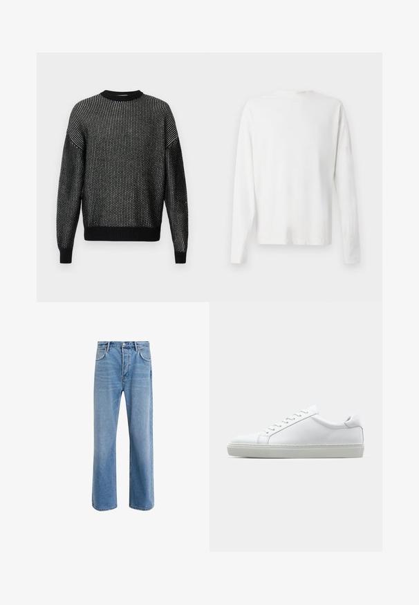 Zwarte gebreide trui met een losse pasvorm, voorzien van een textuurpatroon, geribbelde halslijn, boorden en onderkant. Lange mouwen zonder zichtbare naden.; Witte katoenen blouse met lange mouwen en een ronde halslijn, met zijsplitten aan de onderkant en een gladde textuur, vanuit de achterkant weergegeven.; Lichtblauwe denim jeans met een straight-leg ontwerp, vijf zakken, knoopsluiting, minimale vervaging en contrasterende stikseldetails.; Witte sneaker met een gladlederen bovenwerk en een laag profiel. Voorzien van een ronde neus, zes vetergaatjes en een gestructureerde rubberen zool.