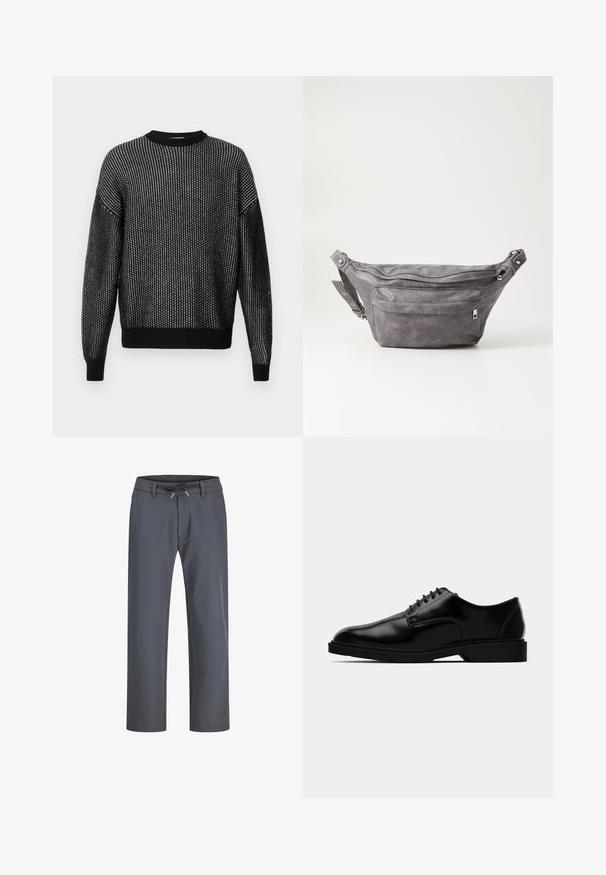 Sweater preto tricotado com um corte folgado, apresentando um padrão texturizado, gola canelada, punhos e bainha. Mangas longas sem costuras visíveis.; Calças cinzentas com cintura elástica e cordão. Design de perna reta, feitas de um tecido suave, apresentam costura minimalista e sem hardware visível.; Shoe dress de couro preto com acabamento liso, bico arredondado, design de atacadores e sola de borracha discreta para tração.; Pochete cinza em camurça com forma arredondada, dois compartimentos com fecho éclair e alça ajustável. Apresenta detalhes em metal.