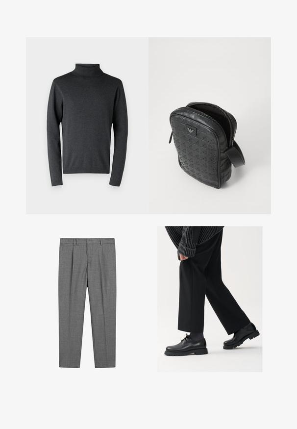 Pull à col roulé gris foncé en matériau doux, doté de manches longues et de bords côtelés aux poignets et à l'ourlet, avec une texture lisse et uniforme.; T-shirt en coton noir avec un col rond classique, des manches courtes et une coupe décontractée. Texture lisse, sans motifs ni embellissements.; Pantalons gris ajustés avec un tissage texturé, présentant une taille plate, des jambes plissées, des passants de ceinture et une taille standard.; Chaussures en cuir noir à bout arrondi, à lacets, avec une semelle épaisse et texturée. Portées avec un pantalon noir ajusté et un pull à côtes.; Sac en cuir noir texturé avec un motif géométrique, de forme rectangulaire, fermeture éclair supérieure et une courte poignée. Présente un patch logo à l'avant.; Montre Timex avec un cadran argenté, des index noirs et un boîtier en acier. Elle est dotée d'un bracelet en cuir noir texturé. Design simple et élégant.