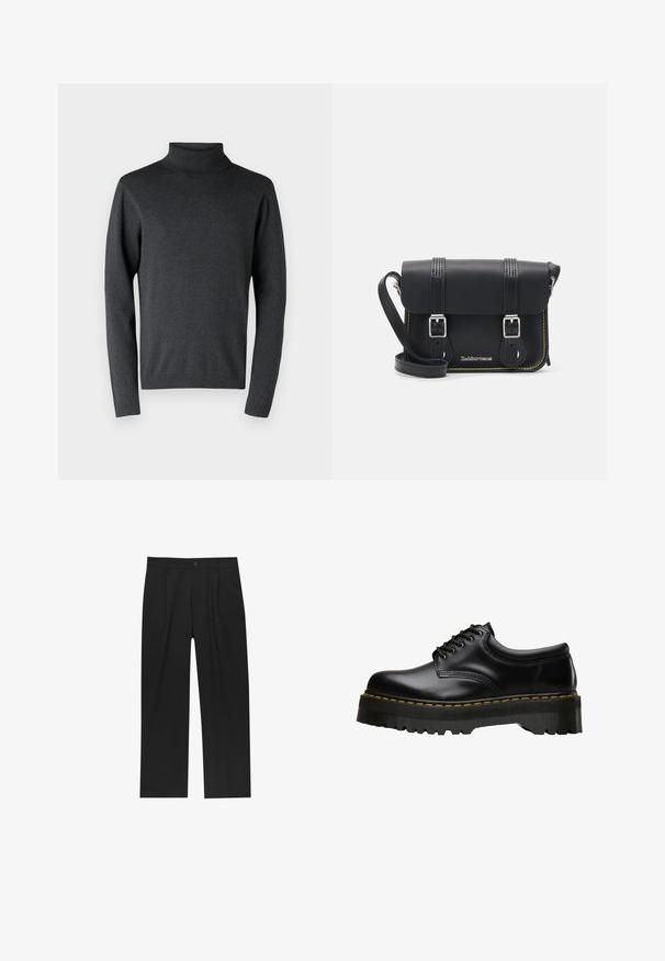 Czarny golf z ciemnoszarego, miękkiego materiału, z długimi rękawami oraz ściągaczami na mankietach i u dołu, o gładkiej, równej teksturze.; Czarne spodnie o prostym kroju, wykonane z gładkiego materiału. Posiadają zakładki z przodu i pojedyncze zapięcie na guziki w pasie.; Czarne skórzane buty sznurowane z grubą, ząbkowaną czarną gumową podeszwą i żółtym przeszyciem wzdłuż krawędzi, charakteryzujące się gładkim wykończeniem.; Czarna skórzana torebka na ramię z klapą, dwoma srebrnymi klamrami, żółtym stębnowaniem i regulowanym paskiem. Posiada gładką teksturę i kompaktowy design.