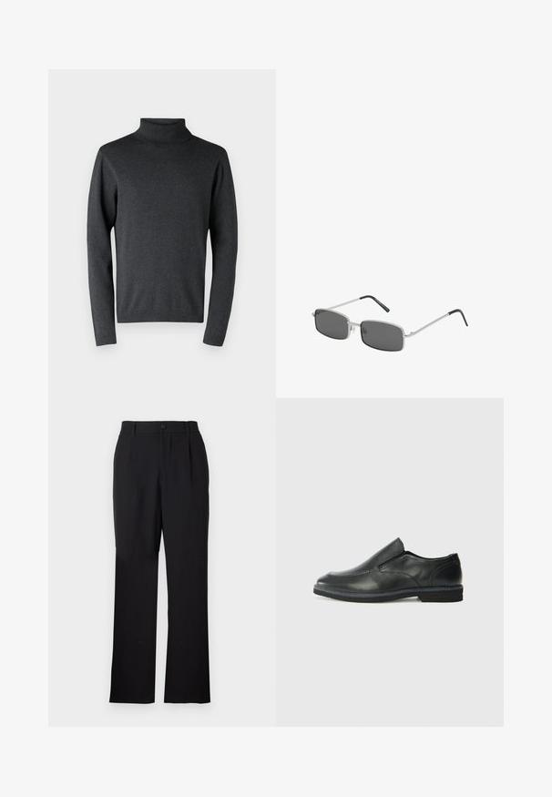Maglione a collo alto grigio scuro realizzato in materiale morbido, con maniche lunghe e polsini e orlo a coste, dalla texture liscia e uniforme.; Only & Sons ONSJEREMY LOOSE PANT - Pantaloni - black; Scarpa nera in pelle con inserto scivolare, superiore liscio, dettagli cuciti, punta arrotondata e tacco in gomma basso. La suola presenta un battistrada minimale.; Occhiali da sole a forma rettangolare con lenti grigio scuro, sottile montatura in metallo argentato e punte delle tempie rivestite in gomma nera. Design minimalista.