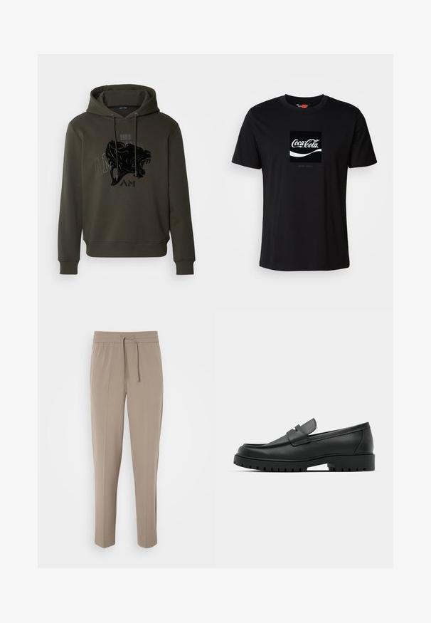 Hooded sweatshirt in olive green, featuring a black graphic lion design and text on the front. Made from soft, textured fabric.; Black cotton t-shirt with short sleeves and round neckline featuring a Coca-Cola logo graphic in white and a rectangular accent.; Light beige trousers with an elastic waistband, adjustable drawstring, and tapered legs. Fabric appears smooth with a slight sheen.; Black leather loafers with a rounded toe, featuring a stitched design, low platform sole, and a textured, lugged rubber outsole.
