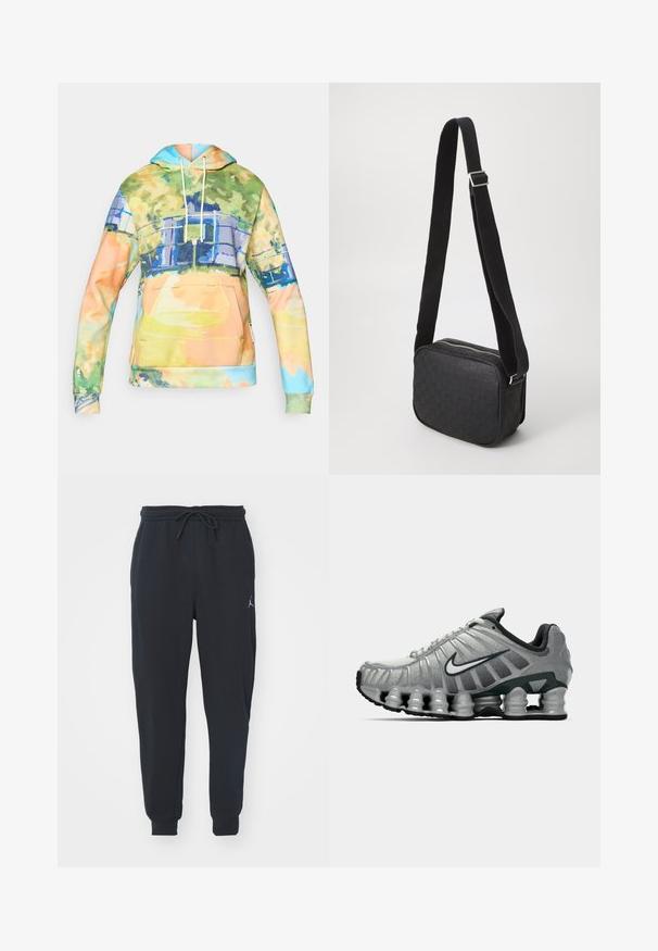Sweatshirt à capuche en tissu doux avec un motif aquarelle multicolore, poche kangourou à l'avant et capuche avec cordon de serrage.; T-shirt en coton blanc avec des manches courtes, un col rond, une coupe décontractée et sans logos ni motifs visibles. Texture lisse et design minimaliste.; Pantalons de jogging noirs en tissu doux, dotés d'une taille élastique avec un cordon de serrage, de poignets côtelés et d'un petit logo sur la cuisse gauche.; Chaussure de course Nike grise et noire avec un coussin de type ressort visible sous la semelle et un logo swoosh blanc sur le côté.; Sac bandoulière noir avec un motif en cuir texturé, forme rectangulaire, doté d'une fermeture éclair et d'une bandoulière en tissu contrastant.