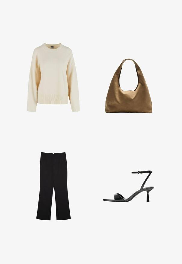 Maglione color crema realizzato in morbido tessuto, con orlo e polsini a costine, scollo rotondo e vestibilità rilassata con spalle scese.; Pantaloni neri a gamba dritta, con tasche frontali e spacchi laterali all'orlo. Realizzati in tessuto morbido e liscio. Adatti a diverse occasioni.; Bershka Sandali con tacco - black; Borsa a spalla in tessuto marrone con un corpo ampio e arrotondato e una grande maniglia a taglio. Texture morbida, design minimalista e senza hardware visibile.