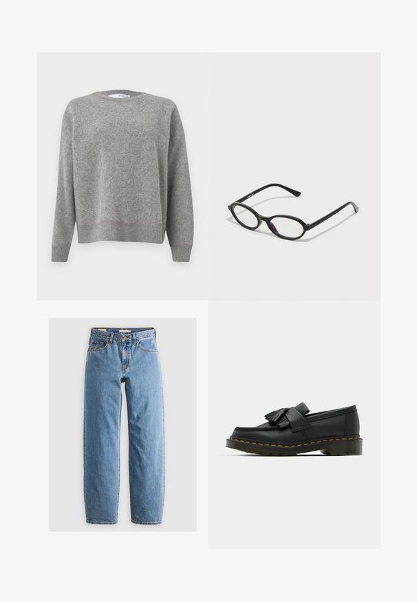 Sivi vuneni pulover s okruglim izrezom, dugim rukavima, rebrastim manžetama i rubom. Ima kontrastne šavove na rubu. Mekana tekstura.; Dugih rukava bijela rebrasta majica s okruglim izrezom i suptilnim šavovima koji oblikuju struk, prikazana na jednostavnoj bijeloj pozadini.; Svijetloplave traperice s ravnim nogavicama, pet džepova, zatvaranjem na patentni zatvarač i suptilnom izblijedjelom teksturom. Klasičan stil s minimalnim hardverom.; Crne kožne mokasinke s zaobljenim vrhom, koje imaju resasti detalj i ukrasnu traku preko prednje strane, postavljene na debelu petu.; Crne naočale ovalnog okvira s prozirnim ljubičastim naglascima na lećama. Okviri imaju mat finiš i tanke, ravne temple.