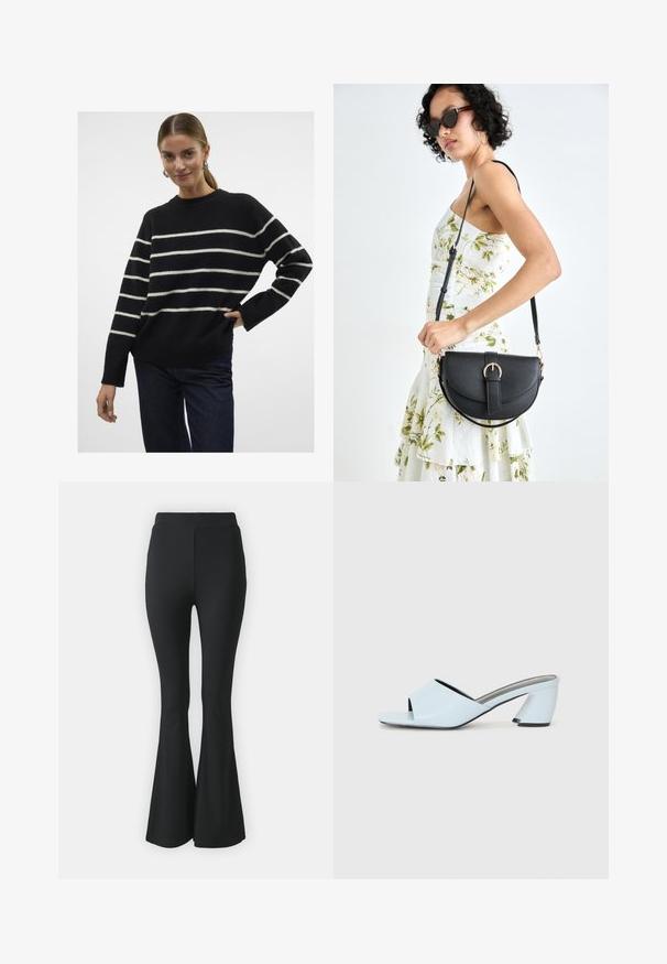 Vero Moda VMFLAWLESS O-NECK NOOS - Džemperis - black; Melni platas bikses, kas izgatavotas no elastīga auduma. Tām ir augsts viduklis un gluda, pieguloša forma, kas paplašinās no ceļa uz leju.; Gaiši zilas atvērtā purngala papēžu mūlas ar ģeometrisku dizainu, kas ietver platu siksnu pāri pēdai un masīvu, stūrainu papēdi.; Melnas ādas rokassoma ar izliekta formu, noņemamu siksnu un zelta aksesuāriem. Somai ir vāciņš ar sprādzes detaļu.