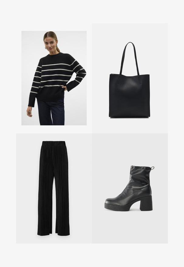 Vero Moda VMFLAWLESS O-NECK NOOS - Strickpullover - black; Schwarze plissierte Hose mit elastischem Bund. Verfügt über weite Hosenbeine und einen glatten, strukturierten Stoff mit vertikalen Streifen.; Schwarze Stiefeletten aus glattem Leder mit seitlichem Reißverschluss, klobigem strukturiertem Absatz und runder Zehenform.; Schwarze Laptoptasche aus Leder mit glatter Textur, rechteckiger Form und zwei langen Griffen. Keine sichtbaren Beschläge oder Verzierungen.