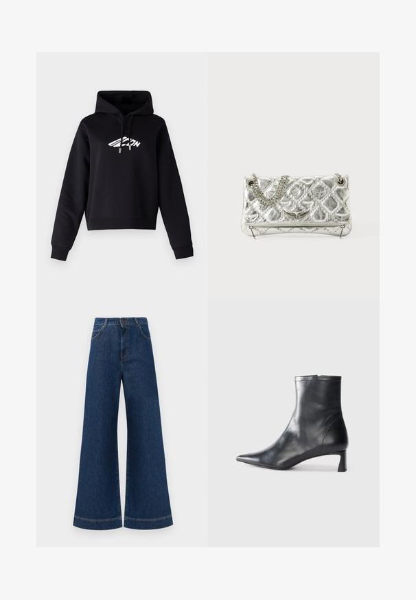 Čierna mikina s kapucňou a predným logom v bielej farbe, so sťahovacou šnúrkou a pútkami na zápästiach a spodnom leme. Materiál z bavlnenej zmesi.; Modré denimové nohavice so širokými nohavicami a vysokým pásom, ktoré majú gombíkový zapínanie, pútka na opasok a jemné švy pozdĺž vreciek a lemov.; Čierne kožené členkové topánky s špicatou špičkou a elegantným dizajnom. Majú nízky podpätok a zips na zadnej strane. Hladká textúra.; Strieborná metalická kabelka s reťazovým držadlom, prešívanou textúrou, dekoratívnym prešívaním a zipsovým uzáverom. Na prednej strane má vyrazené akcenty.