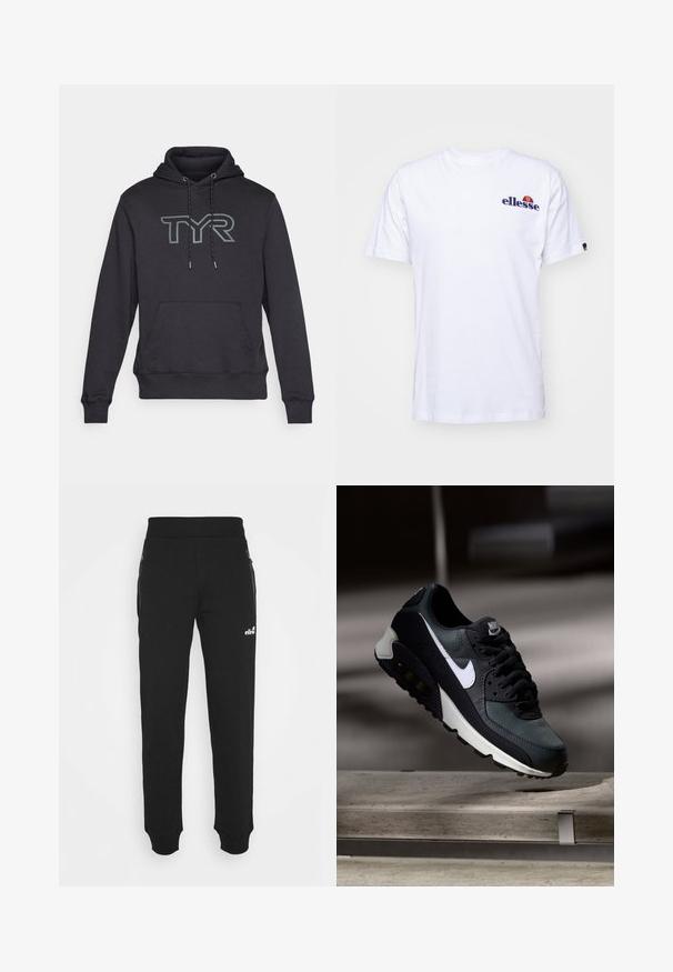 Tmavě šedá mikina s klokaní kapsou, kapucí na šňůrku a velkým logem "TYR" ve světle šedé na přední straně. Měkká tkanina, žebrované manžety.; Bílý bavlněný tričko s krátkými rukávy, s námořnickou modrou vyšívanou nášivkou na levé části hrudi a živou barevnou akcentací nad logem.; Černé tepláky vyrobené z měkké tkaniny mají zúžený střih nohavic, elastický pas, boční kapsy na zip a malou logovou akcentaci.; Černá a zelená teniska s vzorovaným síťovaným svrškem, bílým logem Swoosh, polstrovaným límcem a viditelnou vzduchovou odpruženou jednotkou v podrážce.