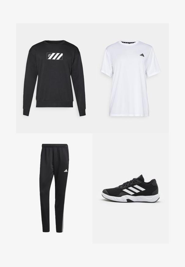 Čierna mikina vyrobená z bavlnenej zmesi, s obdĺžnikovým dizajnom a bielymi pruhmi a logom na prednej strane. Hladký golier a manžety.; Biely športový tričko s krátkymi rukávmi, vyrobené z materiálu, ktorý odvádza vlhkosť. Má čierne logo na ľavej hrudi a vzorovaný vnútorný golier.; Čierne športové nohavice s elastickým pásom, bielymi bočnými pruhmi a malým bielym logom na stehne. Vyrobené z hladkého, ľahkého materiálu.; Čierne športové topánky s textúrovaným sieťovinovým zvrškom, bielymi akcentovými pruhmi, polstrovanou podrážkou a spevneným pätou pre podporu.
