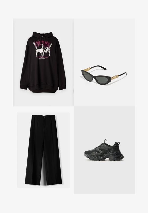 Mustat ylipitkät hupparit, jotka on valmistettu pehmeästä kankaasta. Etuosassa on graafinen kuva pinkeillä ja valkoisilla teksteillä sekä joutsenien ja ketjujen kuvia.; Mustat leveälahkeiset housut, jotka on valmistettu kevyestä kankaasta. Housuissa on etunappikiinnitys ja tasainen etuosa, sekä huolellisesti ommellut helmat.; Even&Odd Wide Fit MAURITANIA - Matalavartiset tennarit - black; Mustat kissakuvioiset aurinkolasit tummilla linsseillä, joissa on kultaiset geometriset korostukset temppeleissä ja tyylikäs matta-pintakuvio.