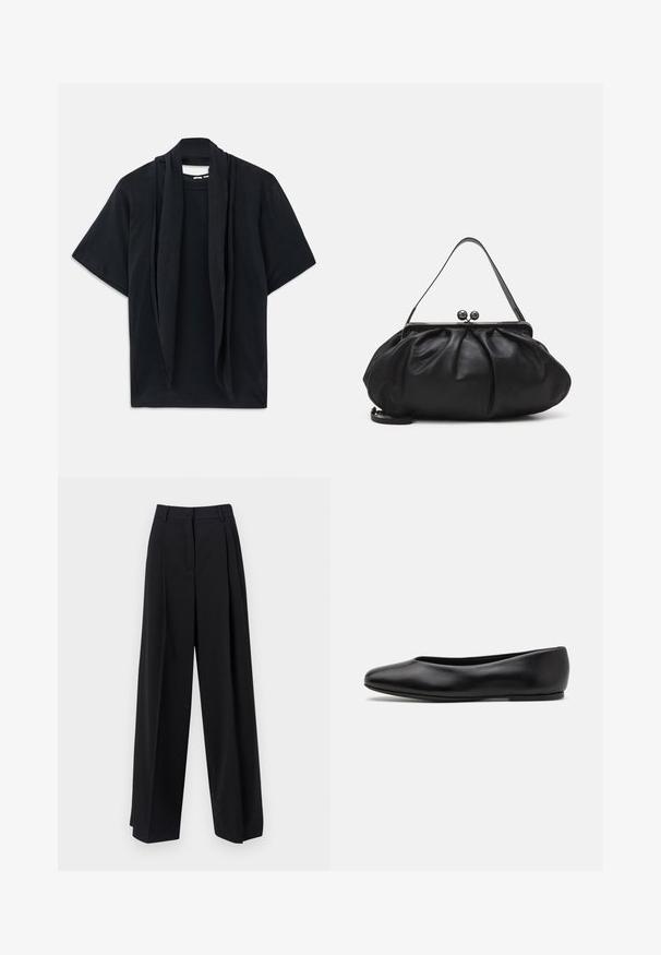 Camiseta negra de manga corta con un detalle de bufanda drapeada en el escote. Tejido suave, corte relajado y silueta holgada.; Weekend Max Mara BAIOCCO - Pantalones - black; Paul Smith TOPANGA - Bailarinas - black; Bolso de mano de cuero negro con un diseño redondeado y plisado. Cuenta con un cierre metálico con dos bolas decorativas y una correa delgada y desmontable.