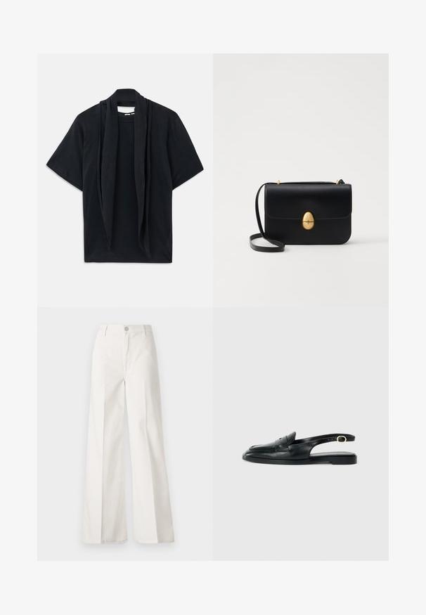 T-shirt noir à manches courtes avec un détail de foulard drapé au niveau du col. Tissu doux, coupe décontractée et silhouette ample.; Pantalons blancs à jambes larges en coton avec une texture douce. Comprend un bouton à l'avant, une fermeture éclair et un design à quatre poches.; Chaussure slingback en cuir noir avec un bout arrondi, semelle plate, découpes sur les côtés et une sangle ornée d'un détail en métal doré.; Sac à main en cuir noir avec une forme rectangulaire structurée. Équipé d'un fermoir ovale doré et d'une fine bandoulière. Texture lisse.
