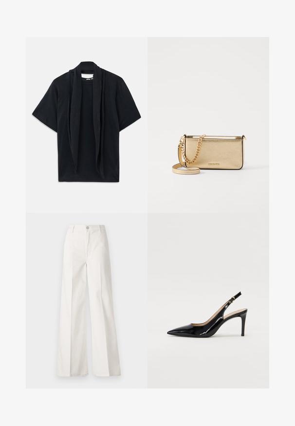 Fekete, rövid ujjú póló, drapált sálrészlettel a nyakvonalnál. Puha anyag, laza fazon és széles siluett.; Fehér, bővebb nadrág, amely pamutból készült, sima textúrával. Elöl gombbal, cipzáras záródással és négy zsebes kialakítással rendelkezik.; Fekete lakk bőr kötött magassarkú cipő, hegyes orral és karcsú sarokkal, finom kivágásos dizájnnal. Az övön arany csatt található.; Fémes arany bőr clutch táska textured felülettel, arany lánc pánttal és levehető vállpánttal. Márkájának logója debösszel.