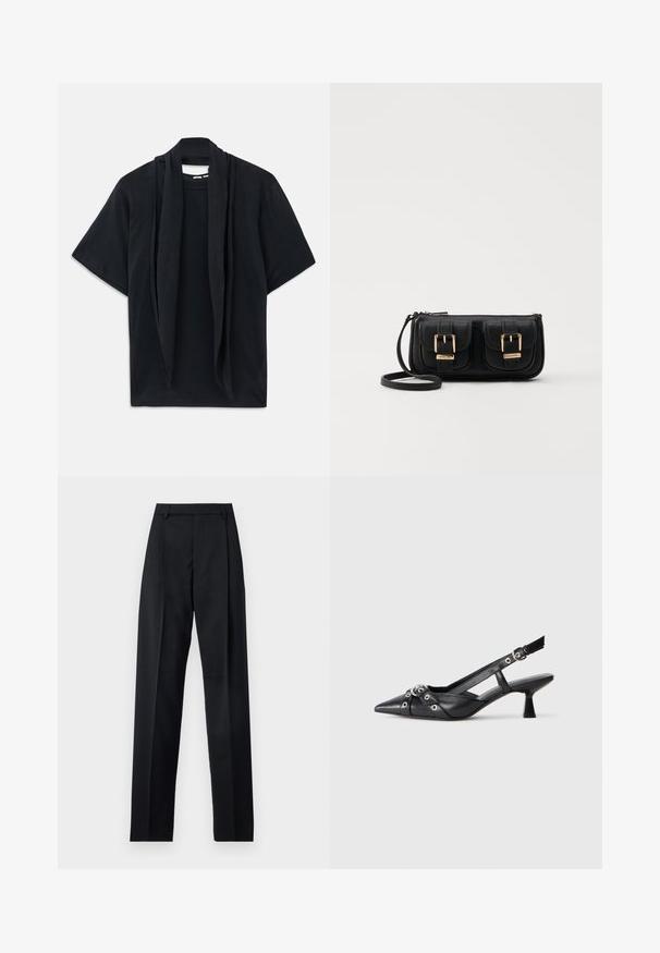 T-shirt preta de manga curta com um detalhe de lenço drapeado na gola. Tecido suave, ajuste descontraído e silhueta solta.; Calças pretas feitas de um tecido suave, com uma cintura alta, pernas largas, pregas frontais e passadores de cinto clássicos. Não há bolsos laterais visíveis.; Sapato slingback em couro preto com biqueira fina, tiras decorativas com ilhós de metal e um pequeno salto quadrado. Superfície texturizada.; Bolsa de ombro em couro preto com dois bolsos frontais, fivelas douradas, fecho de zíper e uma alça fina. Superfície texturizada e forma retangular compacta.