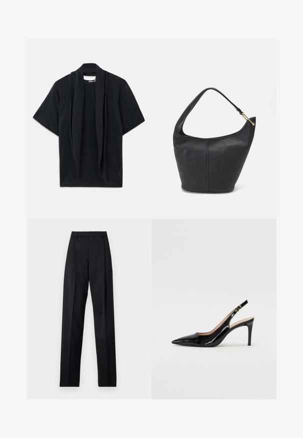 Crna majica s kratkim rukavima s naboranom maramom na izrezu. Mekani materijal, opušteni kroj i široka silueta.; Crne hlače od glatkog materijala s visokim strukom, širokim nogavicama, prednjim pregibima i klasičnim petljama za remen. Nema vidljivih bočnih džepova.; Crne lakirane slingback cipele s oštrim vrhom, uskim potpeticama i suptilnim izrezom. Sadrže zlatnu kopču na traku.; Crna kožna torba za ruke s zaobljenim oblikom, širokim remenom i teksturiranim završetkom. Sadrži suptilan detalj šava i zlatnu metalnu akcentu.