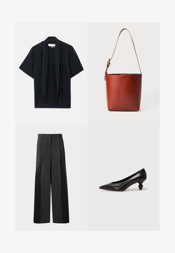T-shirt nera a maniche corte con dettaglio di sciarpa drappeggiata sul collo. Tessuto morbido, vestibilità rilassata e silhouette ampia.; Pantaloni neri a gamba larga con vita alta, caratterizzati da pieghe frontali, una texture liscia e una finitura sartoriale. Progettati per un fit rilassato.; Scarpa con tacco alto in pelle nera, con punta affilata e tacco arrotondato e bombato. Texture liscia con un design elegante e minimalista.; Borsa a secchiello in pelle marrone con tracolla regolabile e fibbia dorata, semplice dettaglio di cucitura verticale sul davanti.