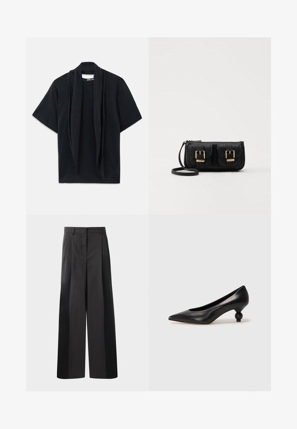 Melnas īsās piedurknes kreklis ar brīvu šalli ap kaklu. Mīksta auduma, brīvas piegriezuma un vaļīgas silueta.; Melni platajā kājās bikses ar augsto jostasvietu, kas ar priekšējiem krokām, gludu tekstūru un pielāgotu apdari. Veidotas relaksētai piegrieztei.; Melnas ādas augstpapēžu kurpes ar smailu purngalu un apaļu papēdi. Gluda tekstūra ar elegantu, minimālistisku dizainu.; Melnas ādas crossbody soma ar divām priekšējām kabatām, zelta sprādzēm, ar rāvējslēdzēju aizdari un šauru siksnu. Strukturēta virsma un kompakta taisnstūra forma.